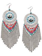 Romwe Silver Cutout Circle Plate Beaded Duster Earrings