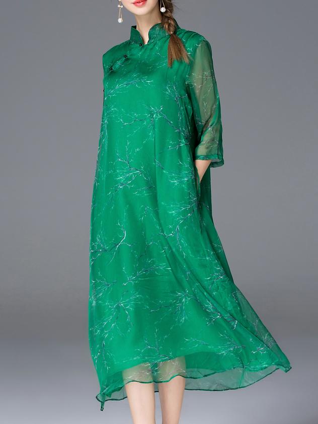Romwe Green Collar Print Pockets Shift Midi Dress