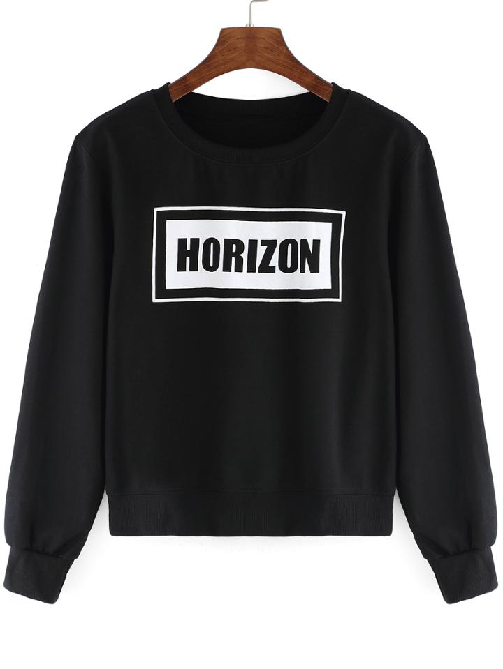 Romwe Round Neck Letters Print Crop Black T-shirt