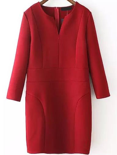 Romwe Women V Neck Straight Red Dress