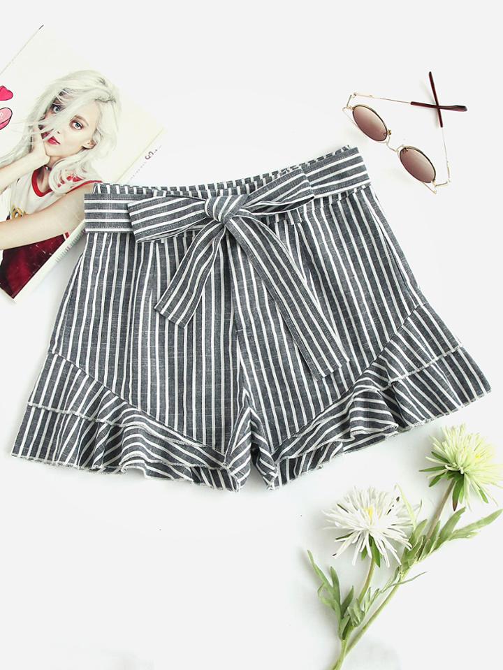 Romwe Self Tied Waist Layered Flounce Hem Shorts