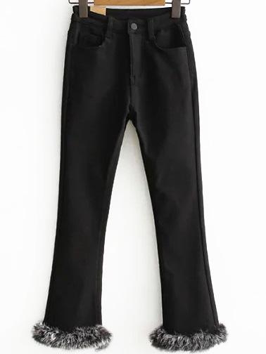 Romwe Black Faux Fur Cuff Pants
