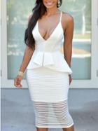 Romwe Peplum Cami Top Striped Mesh Dress - White