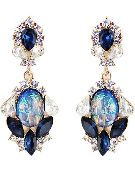 Romwe Blue Drop Gemstone Gold Diamond Earrings