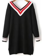 Romwe Black Striped Trim Double V Neck Knit Dress