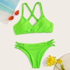 Romwe Neon Lime Criss Cross Top With Braided Detail Bikini