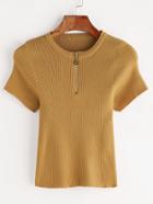 Romwe Yellow Zipper Front Ribbed Knitted T-shirt