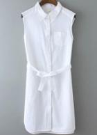 Romwe With Belt Pocket Shirt White Dress