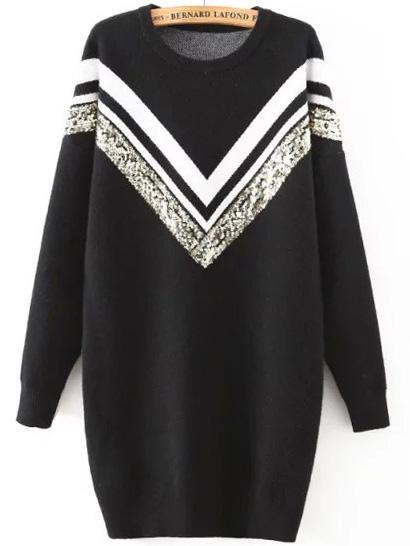 Romwe Dropped Shoulder Seam Chevron Print Sequined Black Sweater Dress