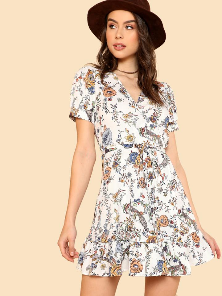 Romwe Knot Side Ruffle Hem Floral Dress