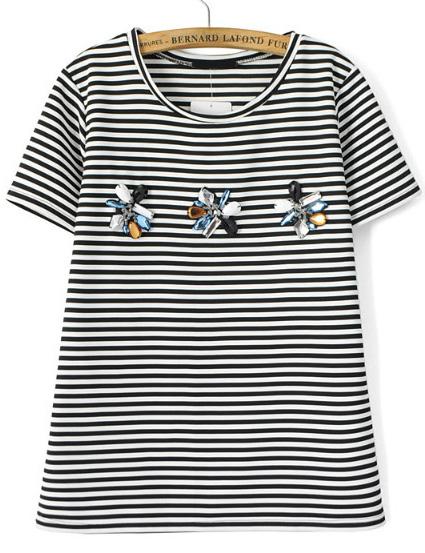 Romwe With Gemstone Striped T-shirt