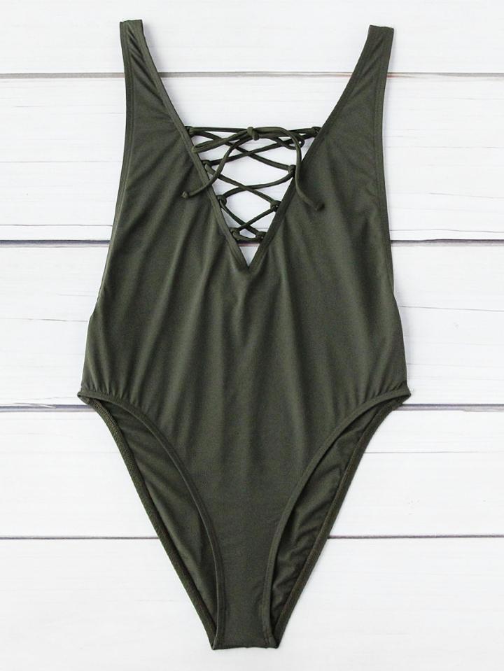 Romwe Criss Cross V Neck Swimsuit