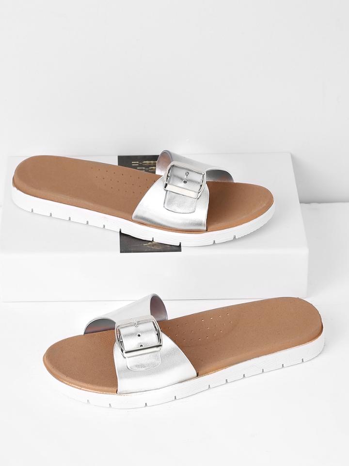 Romwe Buckle Design Metallic Slides