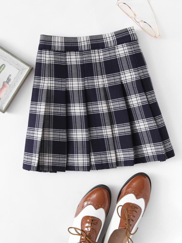 Romwe Box Pleated Plaid Skirt
