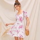 Romwe Floral Print Ruffle Cuff Zip Back Dress