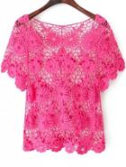 Romwe Hollow Floral Crochet Lace Rose Red Blouse