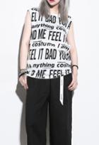 Romwe Letter Print Cut Out Black T-shirt