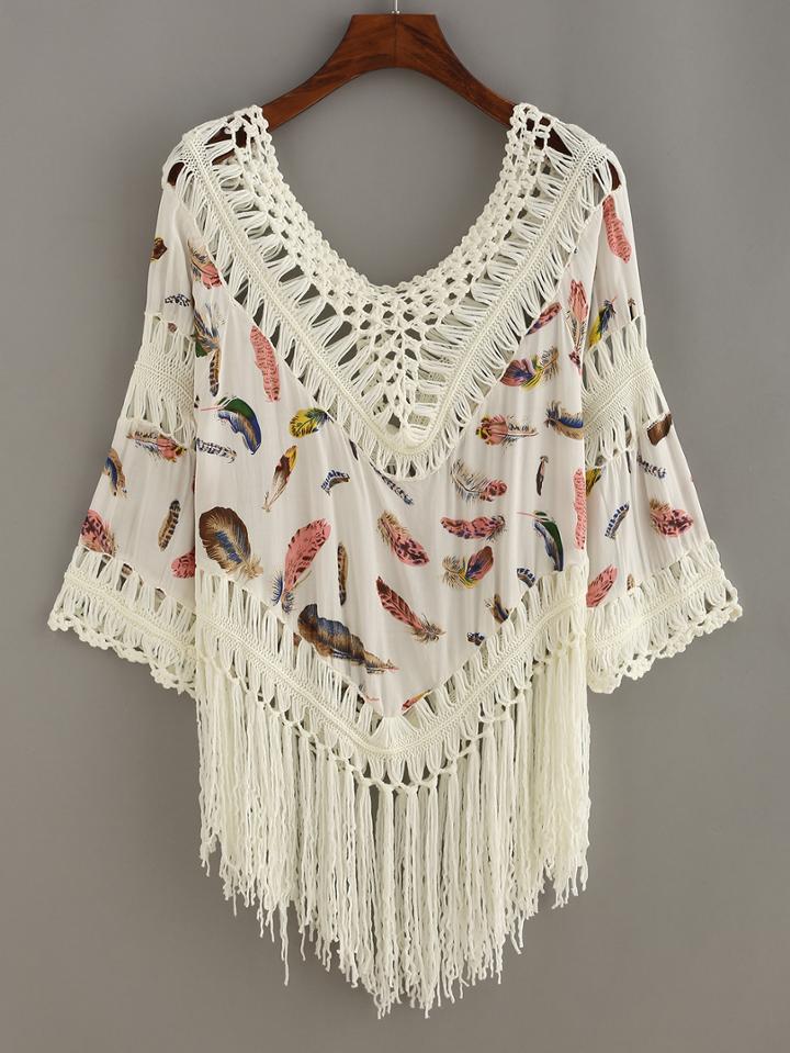 Romwe Feather Print Crochet Insert Fringe Blouse