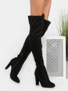 Romwe Faux Suede Lace Up Knee High Boots Black