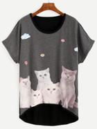 Romwe Black Cat Print High Low T-shirt
