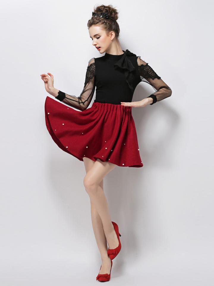 Romwe Burgundy Pearl Embellished Flare Skirt