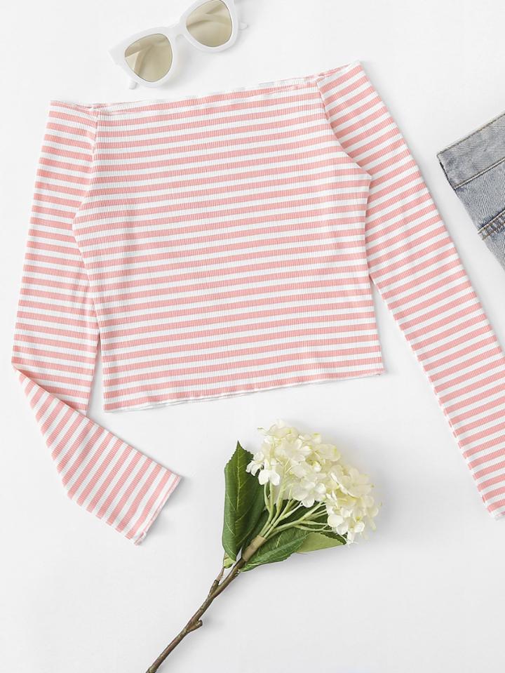 Romwe Stripped Off Shoulder Crop Tee