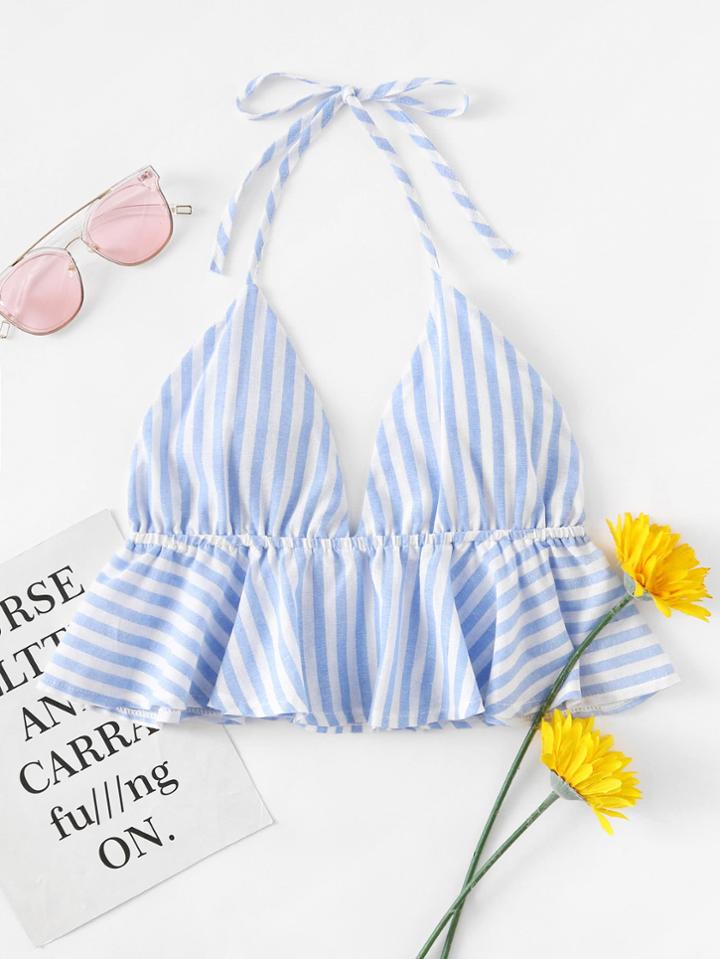 Romwe Striped Frill Hem Open Back Crop Halter Top