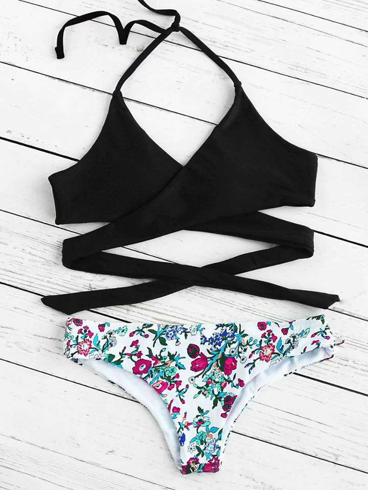 Romwe Calico Print Mix & Match Wrap Bikini Set