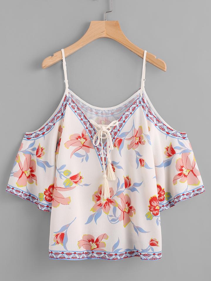 Romwe Open Shoulder Floral Print Random Lace Up Blouse