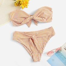 Romwe Removable Strap Bandeau Top With Knot Bikini Set