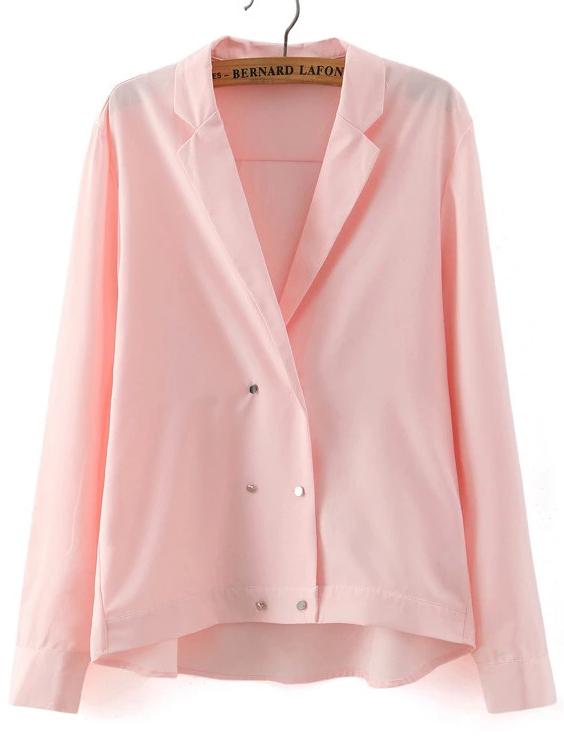 Romwe High Low Notch Lapel Double Breasted Pink Blazer