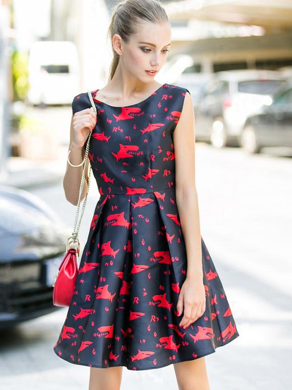 Romwe Black Round Neck Sleeveless Backless Fishs Print Dress
