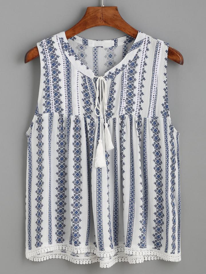 Romwe Vintage Print Contrast Lace Tie Neck Top