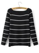 Romwe Black Striped Dip Hem Sweater
