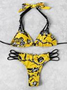 Romwe Abstract Flower Print Self Tie Strappy Bikini Set