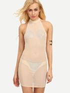 Romwe Halter Neck Rhinestone Embellished Sheer Dress - Apricot