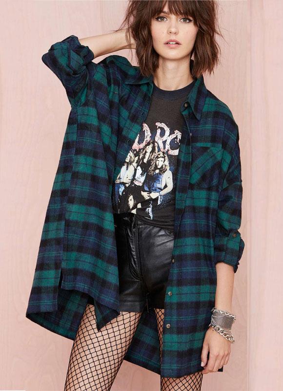 Romwe Check Print Loose Green Blouse