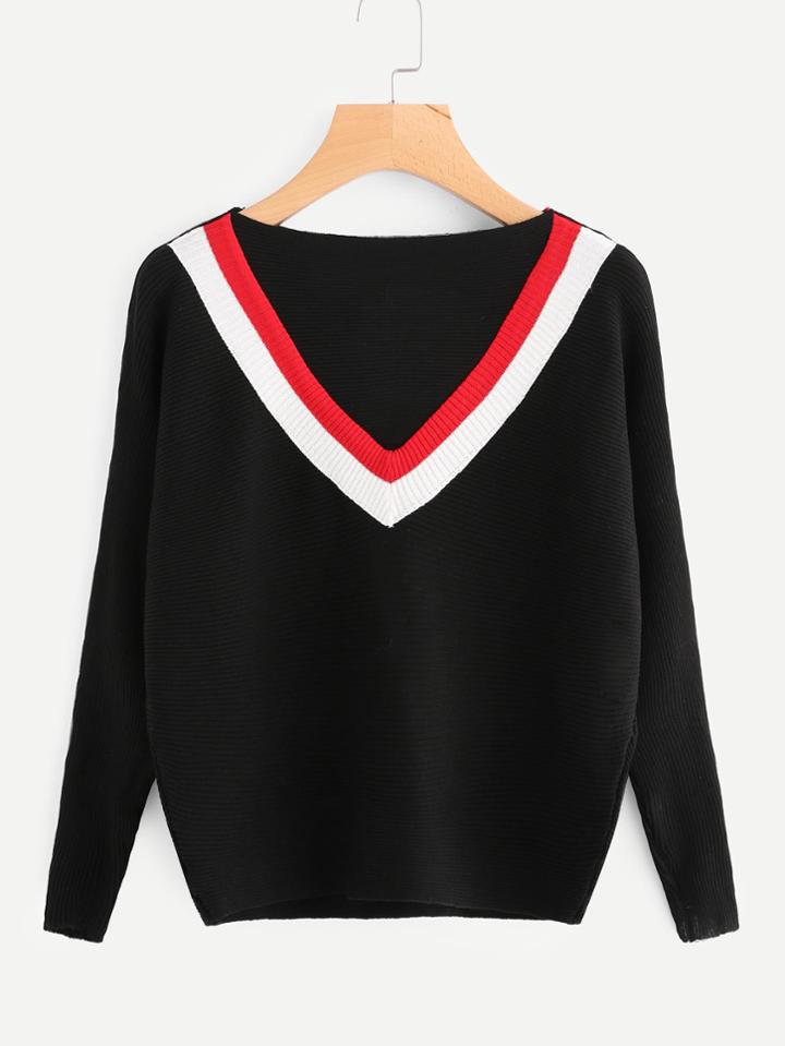Romwe Contrast Chevron Ribbed Sweater