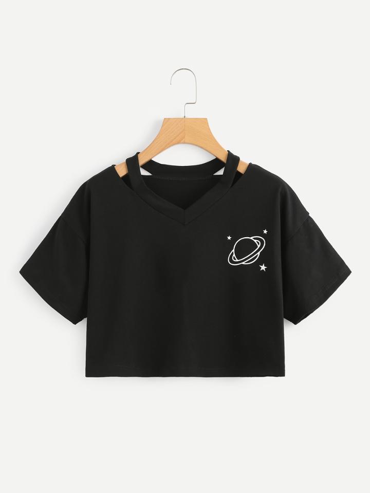 Romwe Cut Out Neck Planet Print Crop Tee