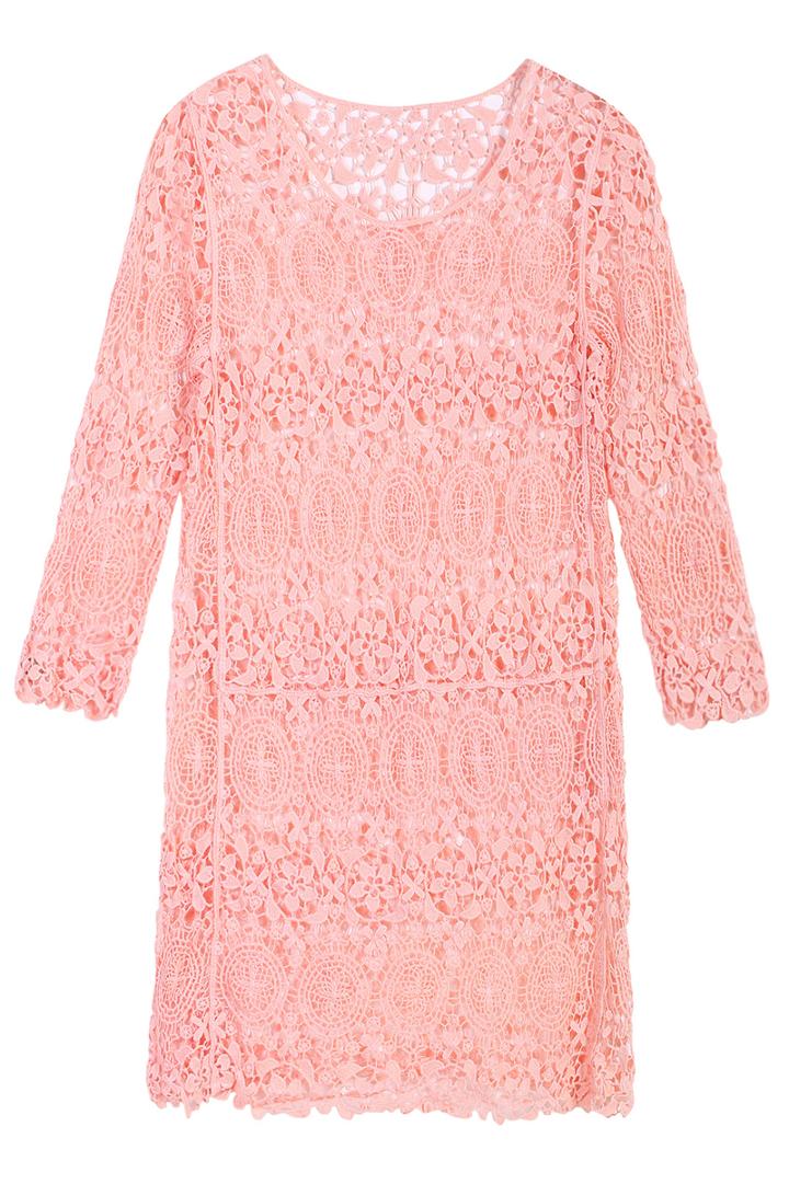Romwe Hollow Floral Crochet Lace Pink Dress