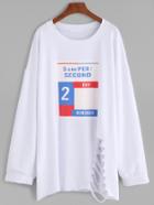 Romwe White Number Print Dropped Shoulder Seam Ripped Sweatshirt
