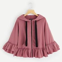 Romwe Raglan Sleeve Ruffle Trim Zip Up Hoodie