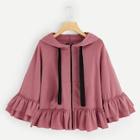 Romwe Raglan Sleeve Ruffle Trim Zip Up Hoodie