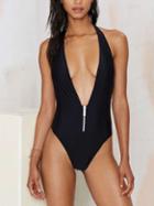 Romwe Deep-v Zip Featured Halter Romper