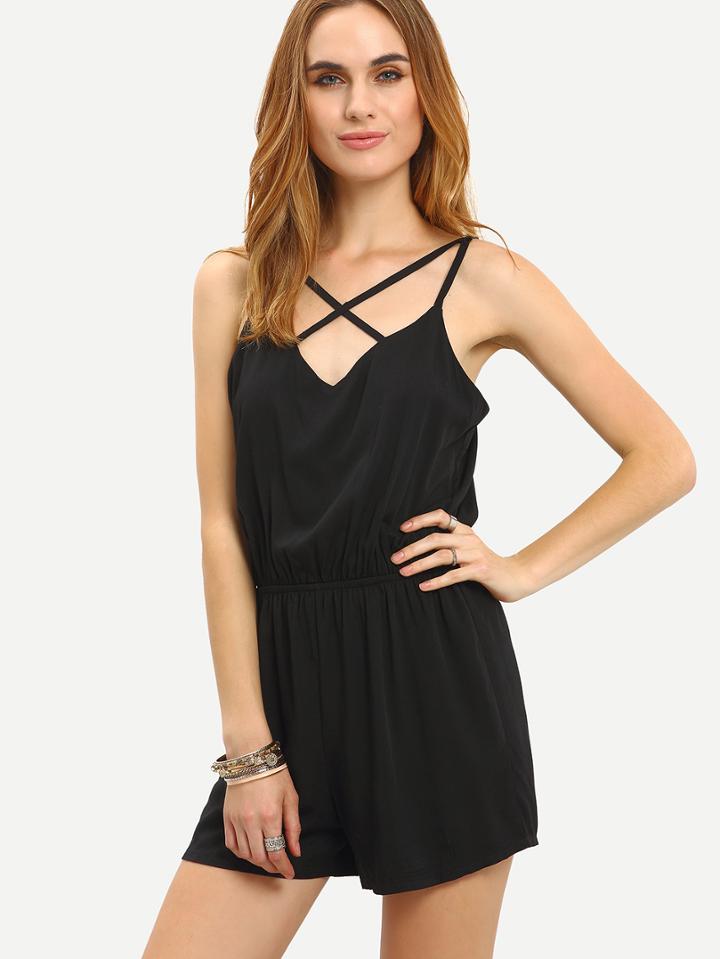 Romwe Lattice Neck Slit Back Cami Romper - Black