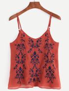 Romwe Brick Red Embroidered Lattice Back Cami Top