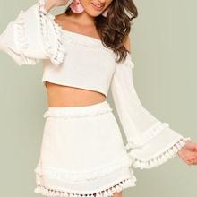 Romwe Bell Sleeve Layered Tassel Trim Crop Bardot Top & Skirt Set
