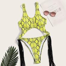 Romwe Snake Print Cut-out Front Fringe One Piece Swimsuit
