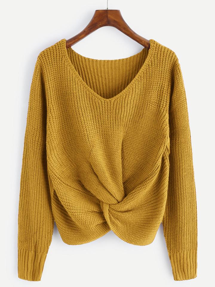 Romwe V-neckline Twist Front Chunky Knit Sweater