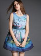 Romwe Sleeveless Pastoral Print Flare Dress